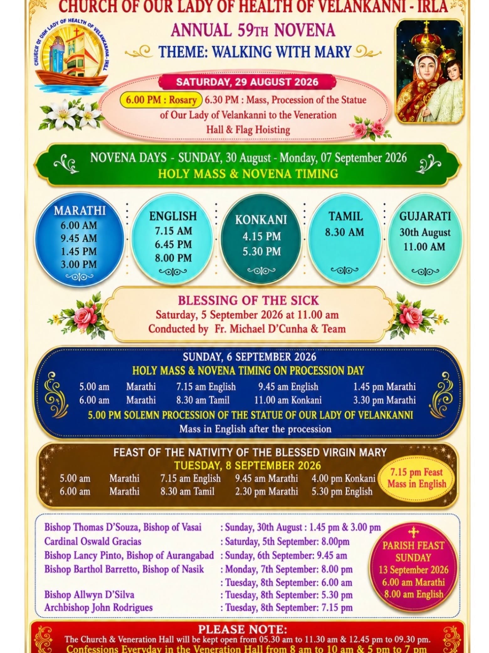 Our Lady of Velankanni Irla novena 26 timings